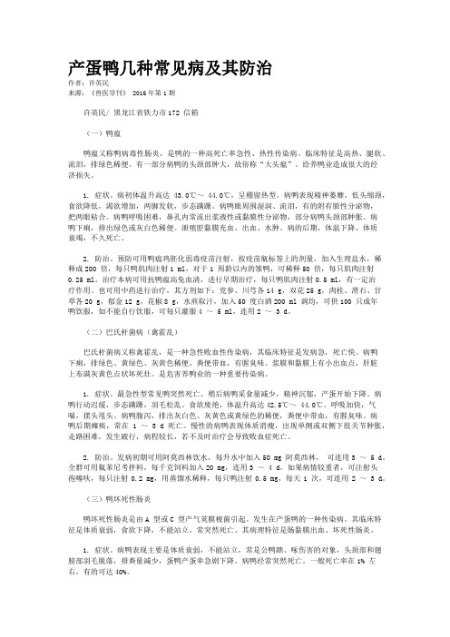 产蛋鸭几种常见病及其防治