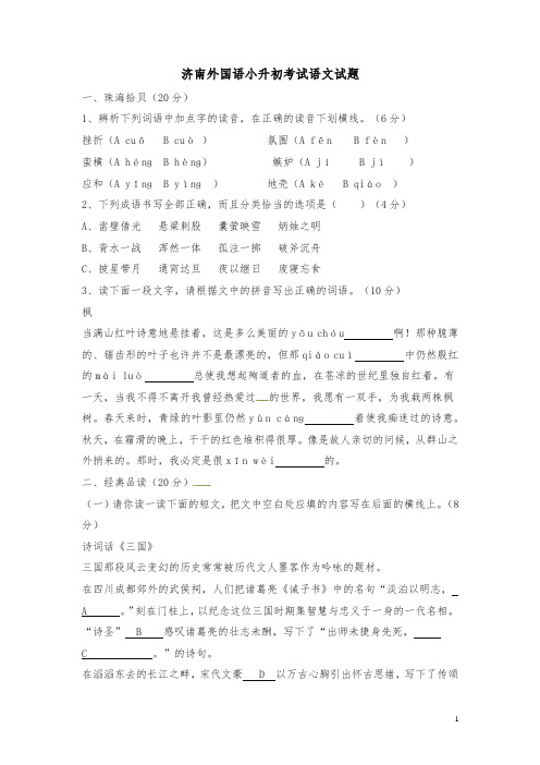 六年级下册语文试题-济南外国语小升初考试语文试题2∣通用版(含答案)
