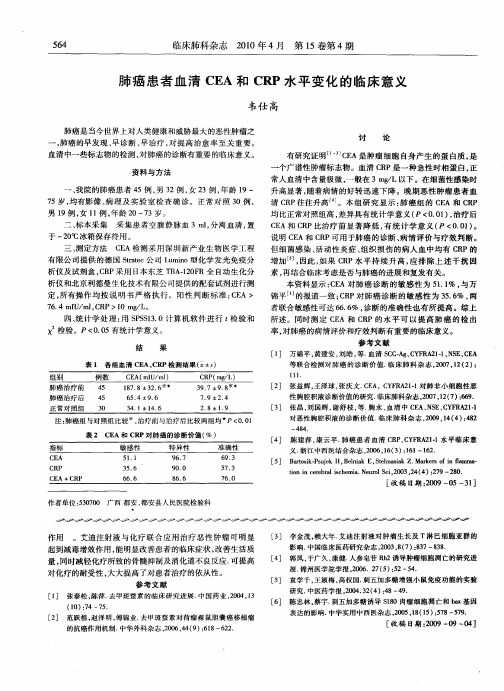 肺癌患者血清CEA和CRP水平变化的临床意义