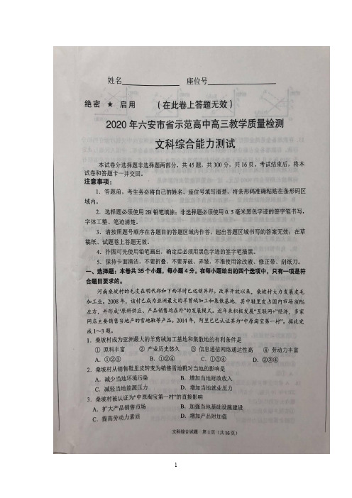 2020年1月安徽省六安市省示范高中(皖西高中教学联盟)2020届高三教学质量检测文科综合试题及答案