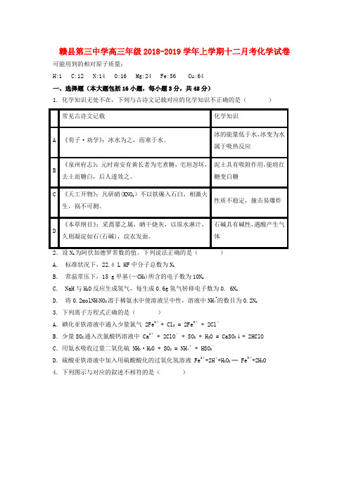 江西省赣县三中2019届高三化学12月月考试题(无答案)