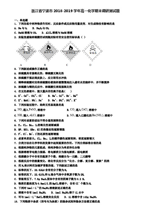 浙江省宁波市2018-2019学年高一化学期末调研测试题