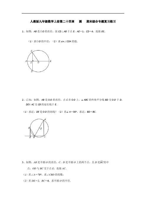 人教版九年级数学上册第二十四章   圆   期末综合专题复习练习