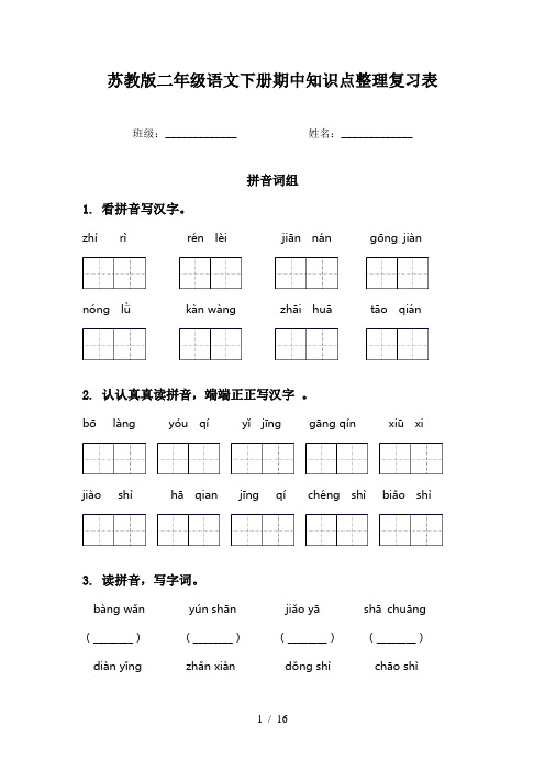 苏教版二年级语文下册期中知识点整理复习表