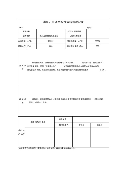 通风、空调系统试运转调试记录