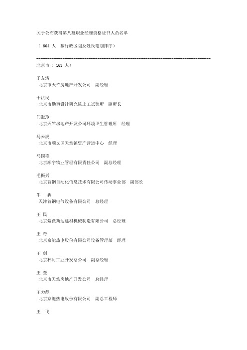 关于公布获得第八批职业经理资格证书人员名单