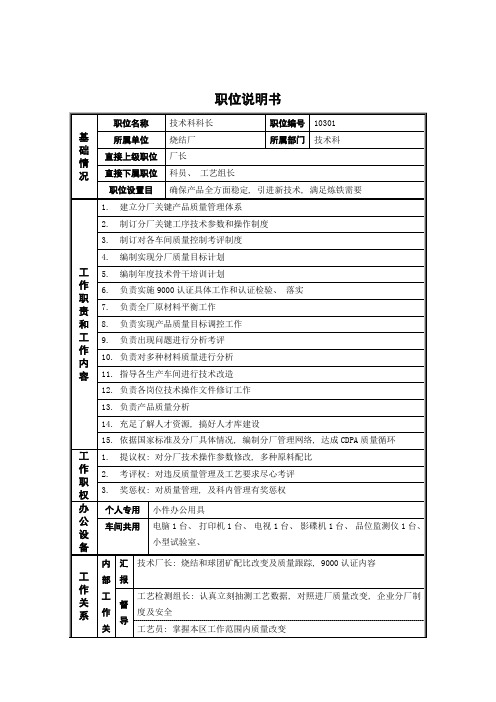 烧结厂技术科科长岗位说明书