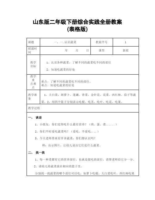 二年级下册综合实践全册教案(表格版)