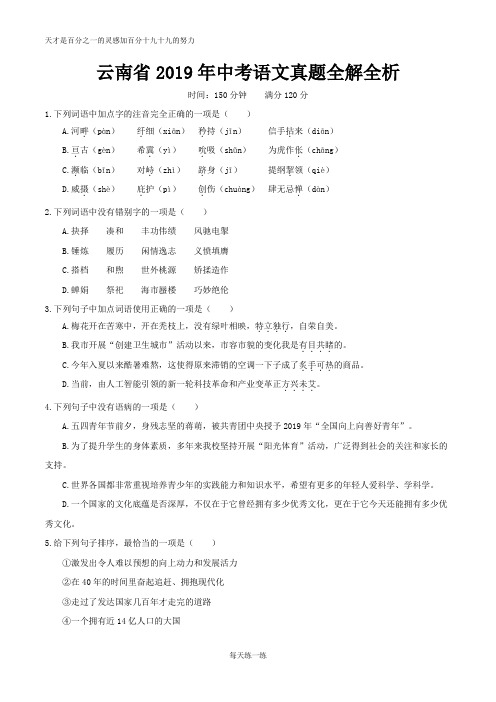 云南省2019年中考语文真题全解全析