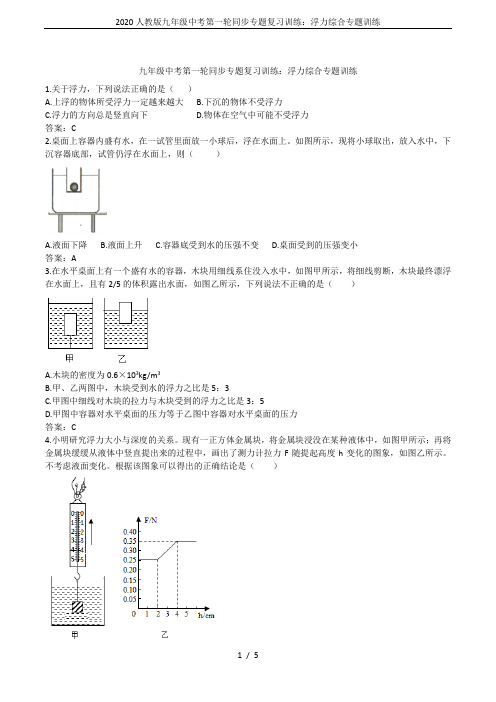 2020人教版九年级中考第一轮同步专题复习训练：浮力综合专题训练