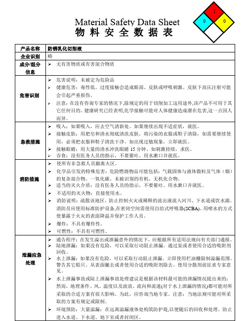 防锈乳化切削液 MSDS安全技术说明书