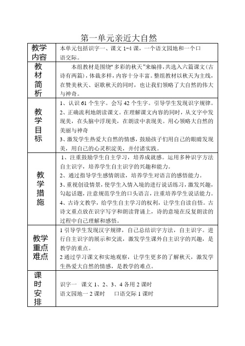 二年级语文上册1-4单元单元备课