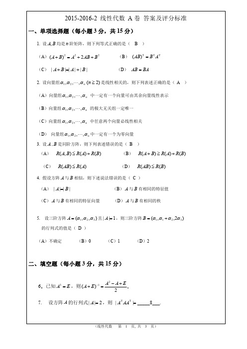 2015-2016-2线性代数A卷答案-60份(1)