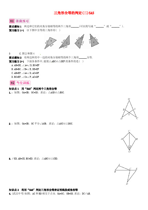 人教初中数学八上《三角形全等的判定SAS》 同步练习 