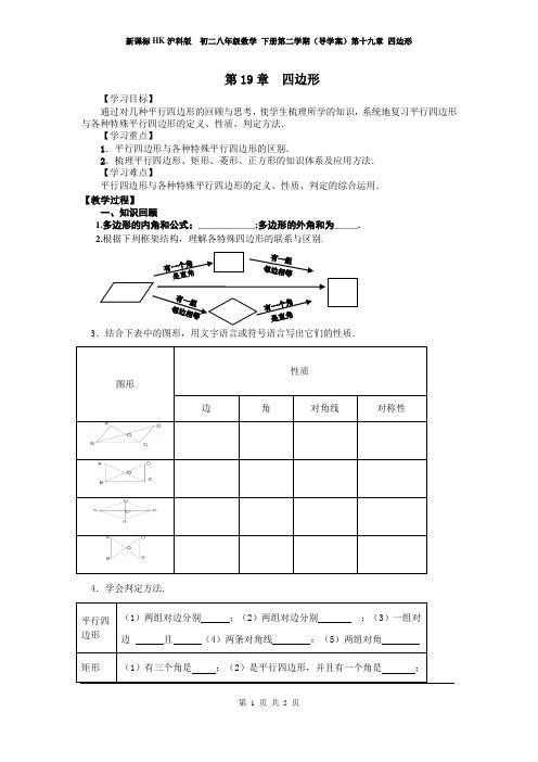 新课标HK沪科版  初二八年级数学 下册第二学期(导学案)第十九章 四边形  第19章复习