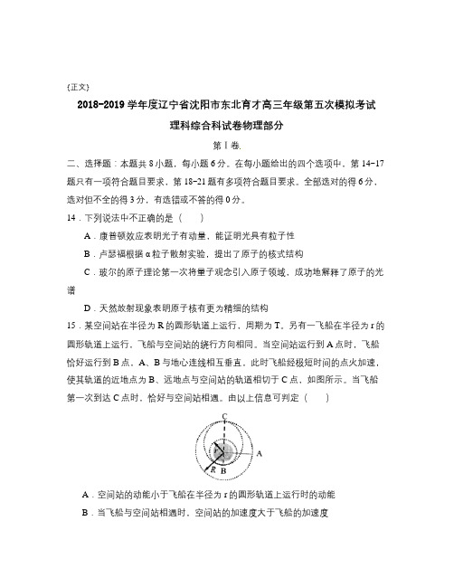 2018-2019学年度辽宁省沈阳市东北育才高三年级第五次模拟考试试卷与答案