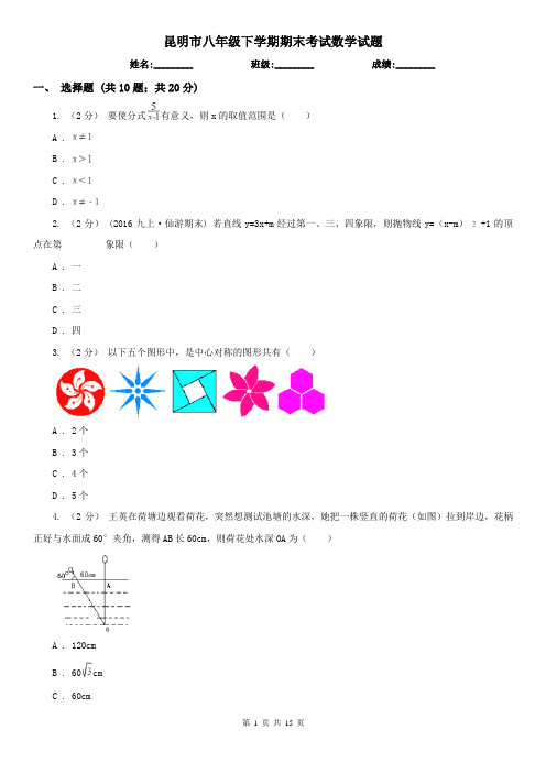 昆明市八年级下学期期末考试数学试题     