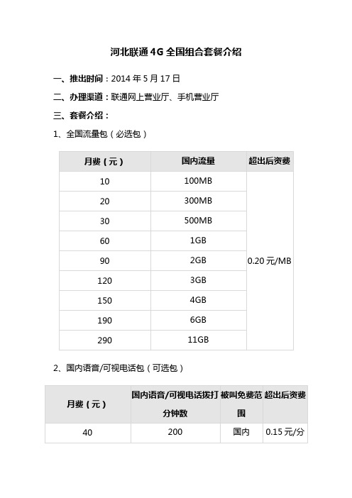河北联通4G全国组合套餐介绍