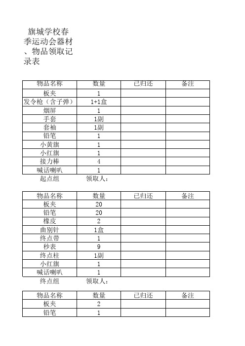 旗城学校春季运动会器材、物品领取记录表