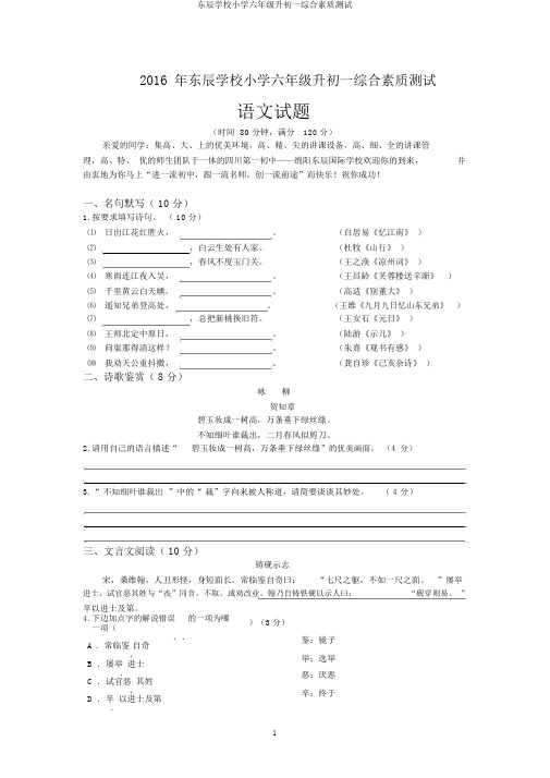 东辰学校小学六年级升初一综合素质测试