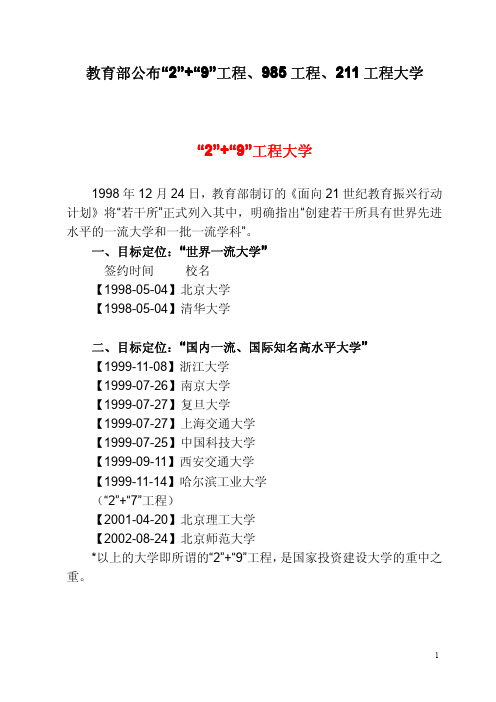 2+9工程和985工程及211工程大学