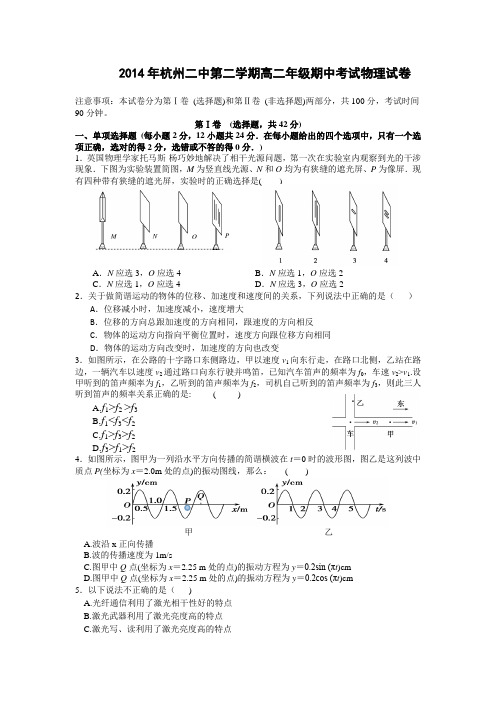 2014浙江省杭州二中高二期中考试物理试题及答案