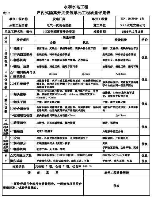 表5.2 户内式隔离开关安装单元工程质量评定表(例表)