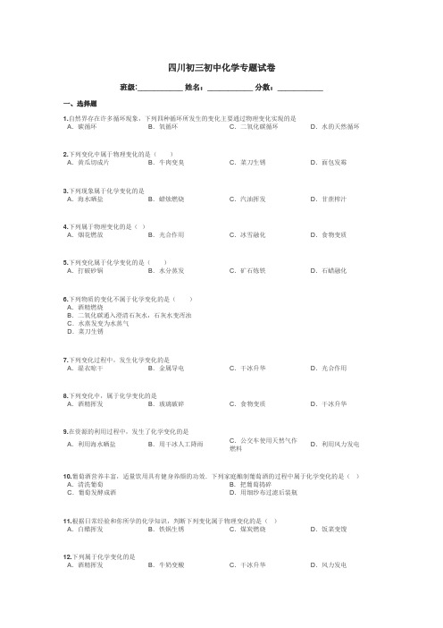 四川初三初中化学专题试卷带答案解析
