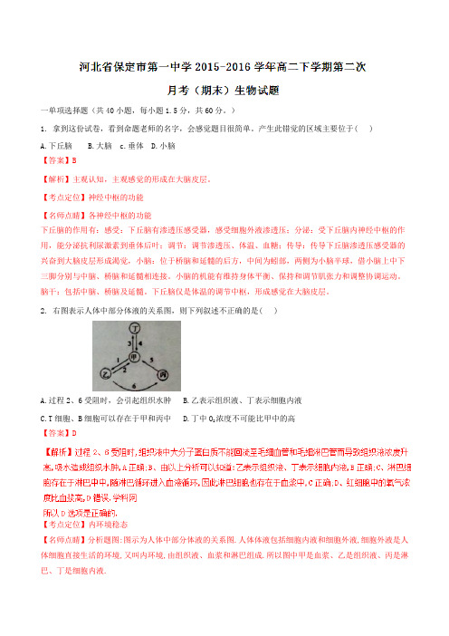 精品：【全国百强校】河北省保定市第一中学2015-2016学年高二下学期第二次月考(期末)生物试题(解析版)