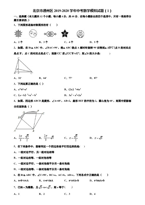 北京市通州区2019-2020学年中考数学模拟试题(1)含解析