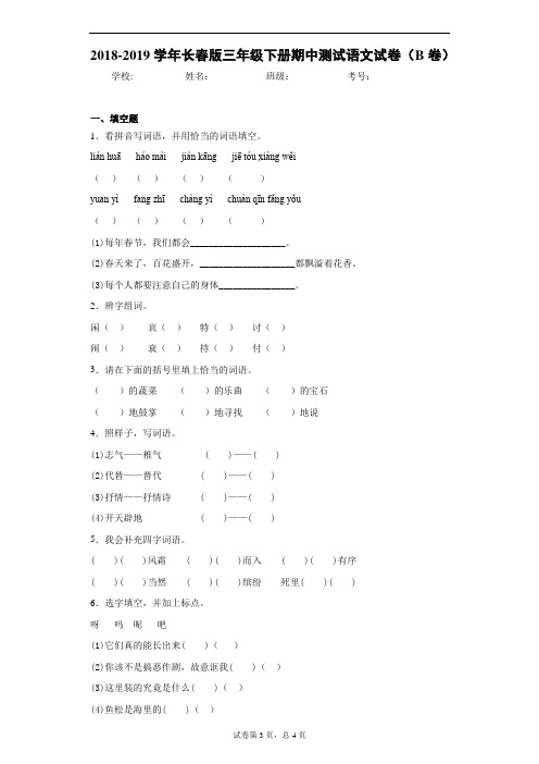 2018-2019学年长春版三年级下册期中测试语文试卷(B卷)