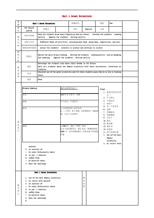甘肃省宁县第五中学高中英语 Unit 1 Great Scientists period 4教案 新人教版必修5