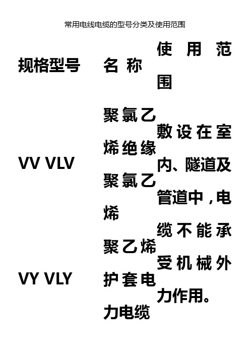 常用电线电缆的型号分类及使用范围