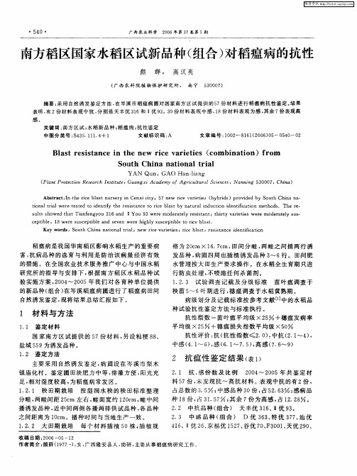 南方稻区国家水稻区试新品种(组合)对稻瘟病的抗性