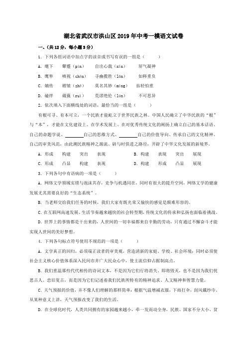 湖北省武汉市洪山区2019年中考一模语文试卷