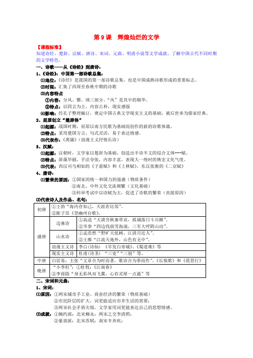 2014届高考历史一轮复习提纲 辉煌灿烂的文学 新人教版必修3