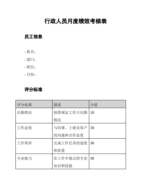 行政人员月度绩效考核表