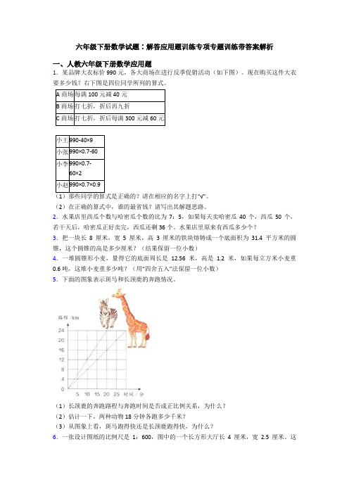 六年级下册数学试题∶解答应用题训练专项专题训练带答案解析