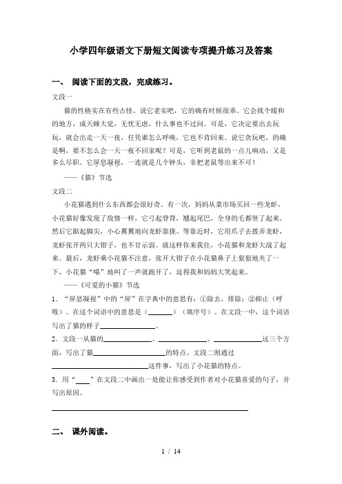 小学四年级语文下册短文阅读专项提升练习及答案