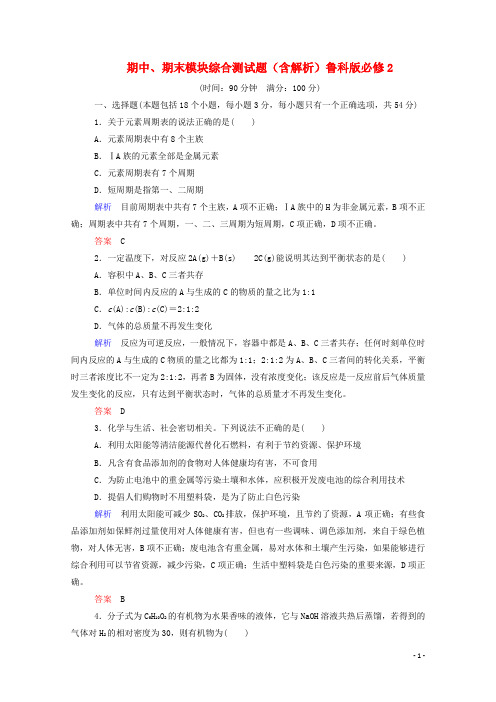 高中化学 期中、期末模块综合测试题(含解析)鲁科版必修2