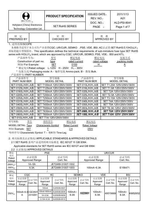 (参考资料)好利来保险丝1A 250V规格书