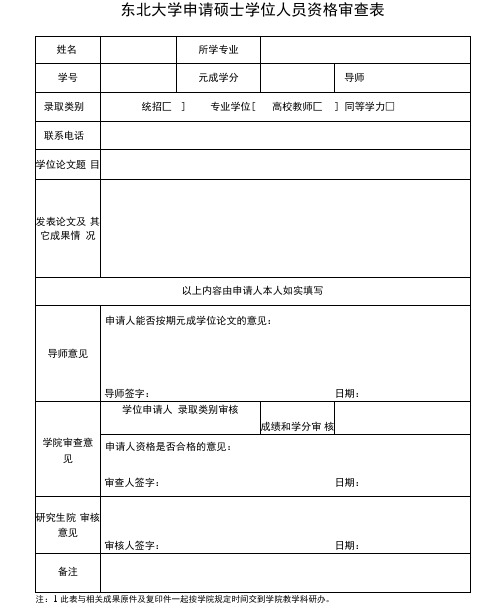 东北大学东北大学申请硕士学位人员资格审查表