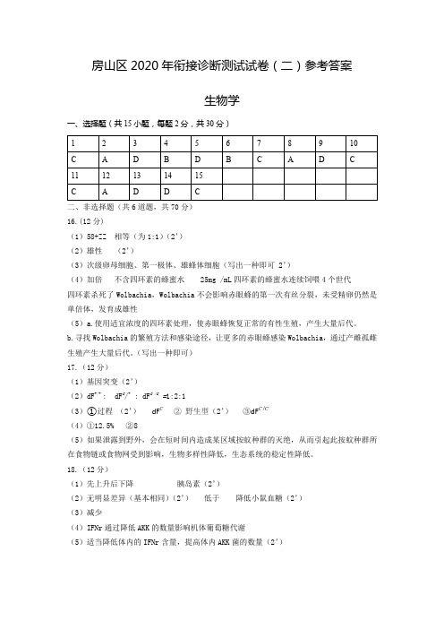 房山二模生物参考答案