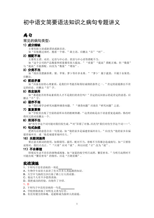 初中语文简要语法知识之病句专题讲义