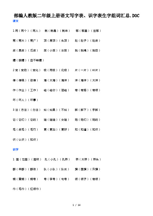 部编人教版二年级上册语文写字表、识字表生字组词汇总