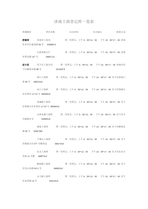 济南工商登记所一览表
