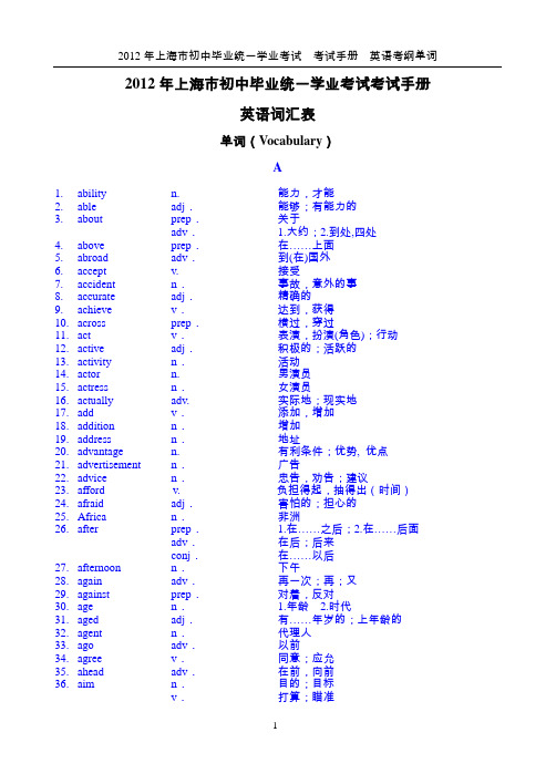 2012年上海市初中毕业统一学业考试考试手册英语词汇表[1]