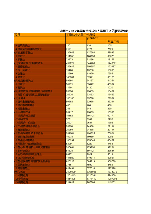 沧州市2012年国有单位从业人员和工资总额情况统计(工资)(二)