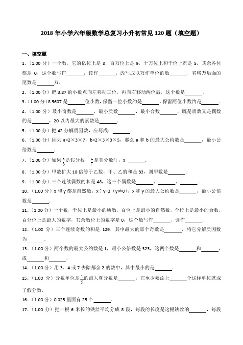 2019-2018年小学六年级数学总复习小升初常见120题(填空题)