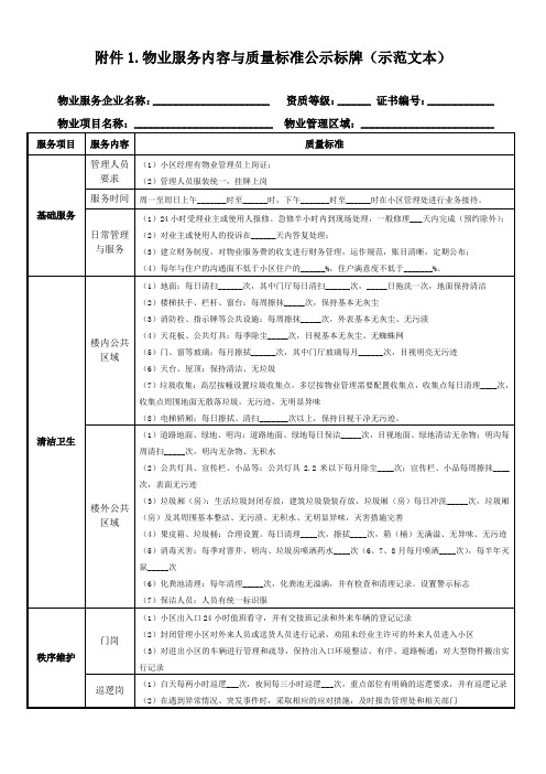 物业服务内容与质量标准公示标牌(示范文本)